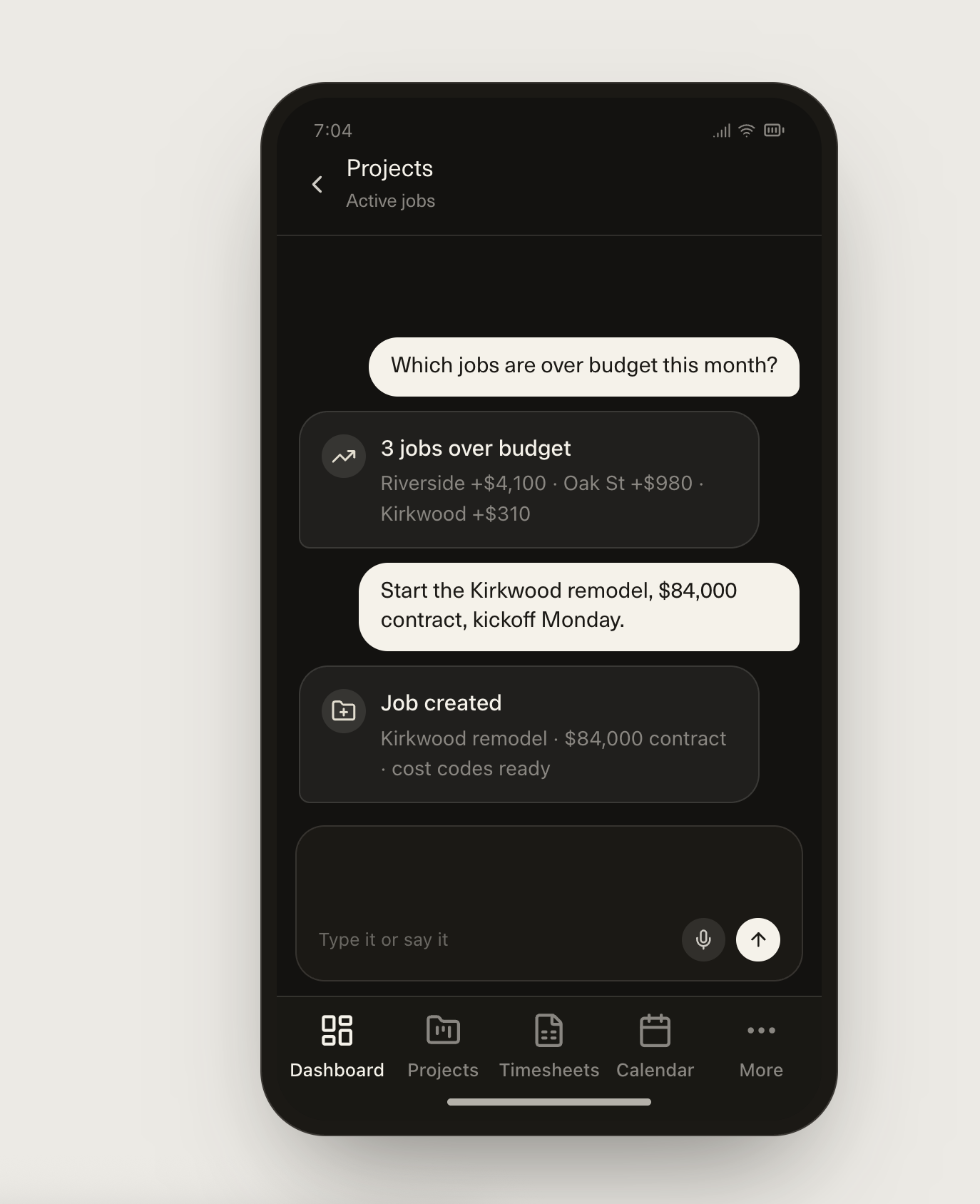 Phone app showing an AI chat inside project management software