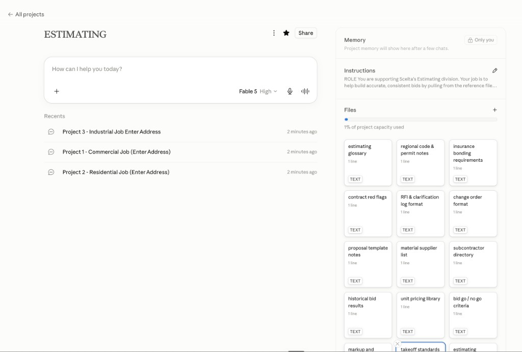 Estimating project in Claude with context files and job chats